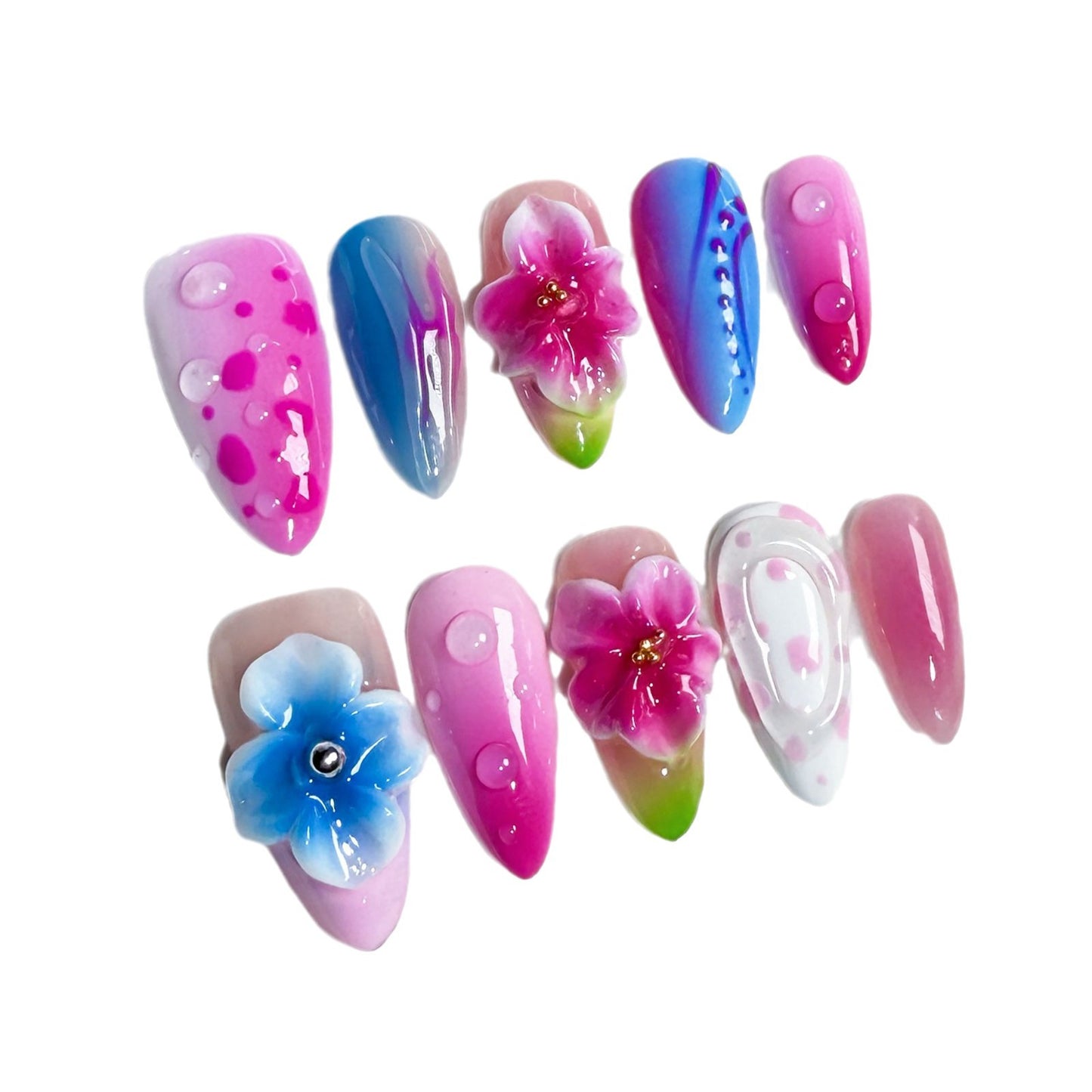 Handmade Press-on Nails 3D Three-dimensional Carved Blush Nail  Contrast Color Almond Nail Wearable Fake Nails｜365nails