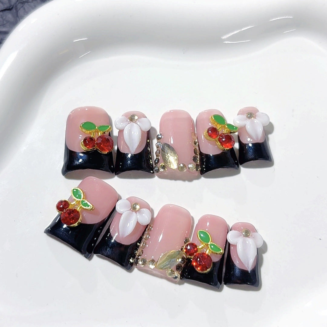 Sweet Cherry: Unhas Postiças Artesanais "Blush Noir" – Formato Bico de Pato