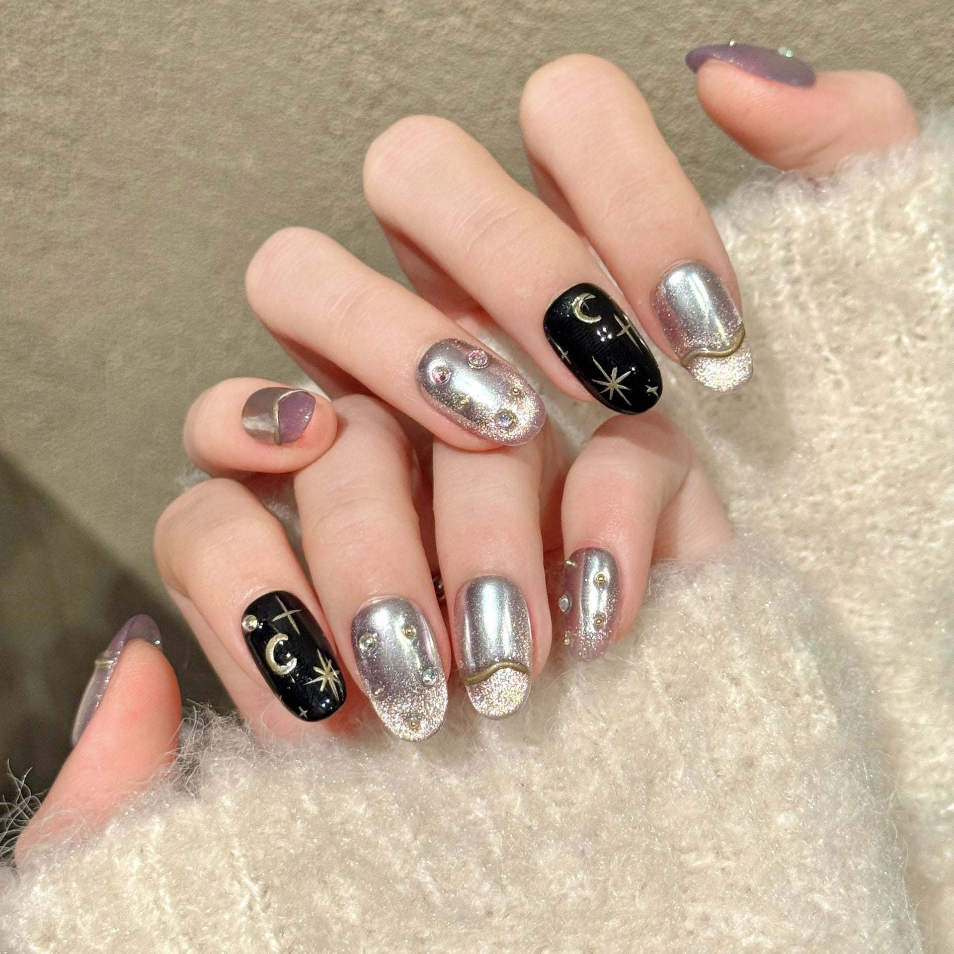 Iridescent Silver Moon Star Press On Nails