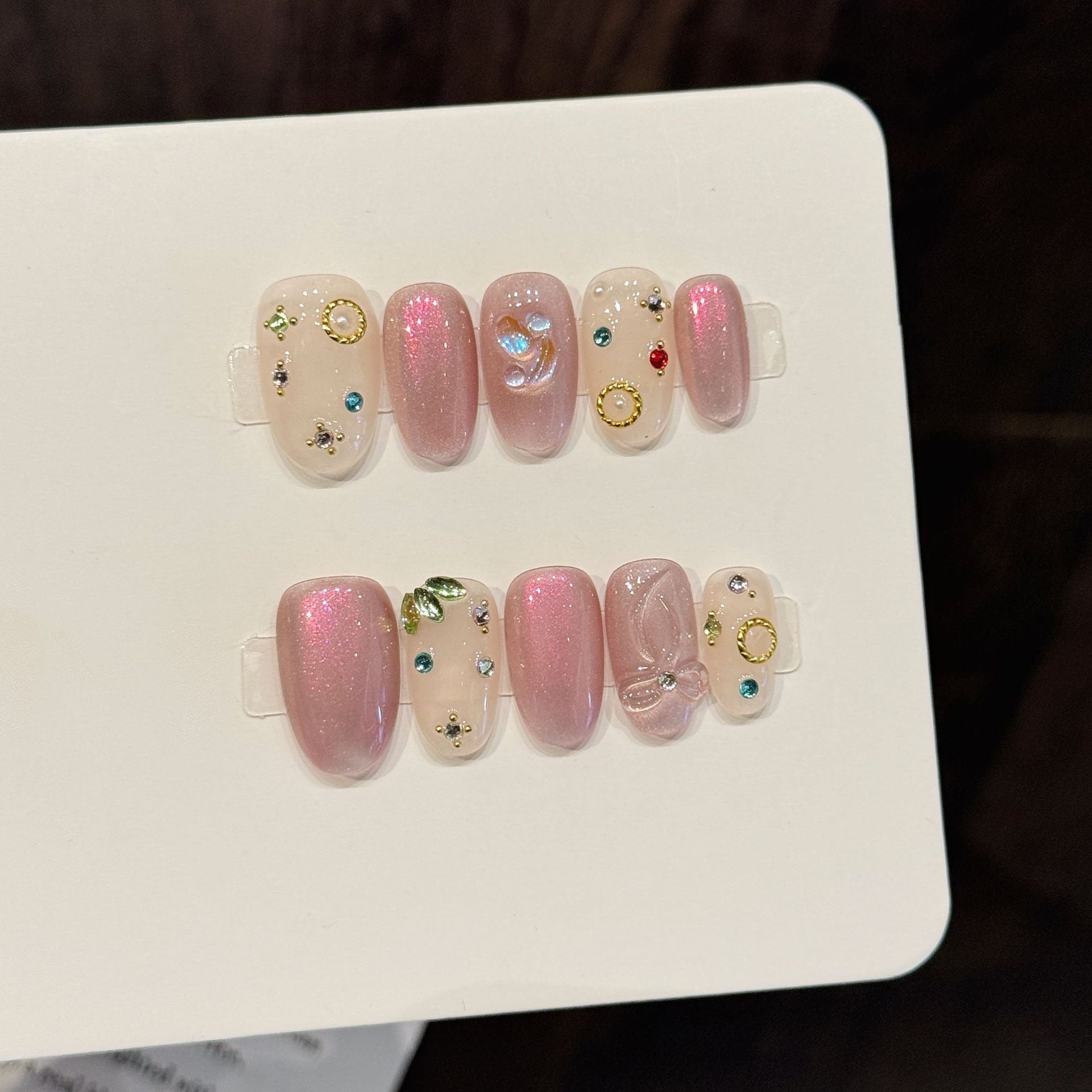 Pink Shimmer Pearl Crystal Cute Pastel Elegant Press On Nails
