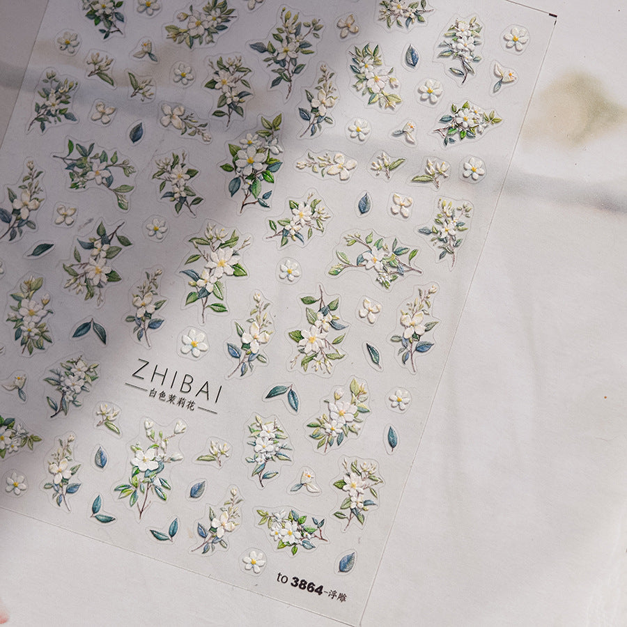 White Jasmine & Green Leaf: "ZHIBAI Pure Jasmine" – 5D Embossed Nail Sticker