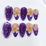 Violet Bloom: "Amethyst Flower" – Almond Press-On Nails