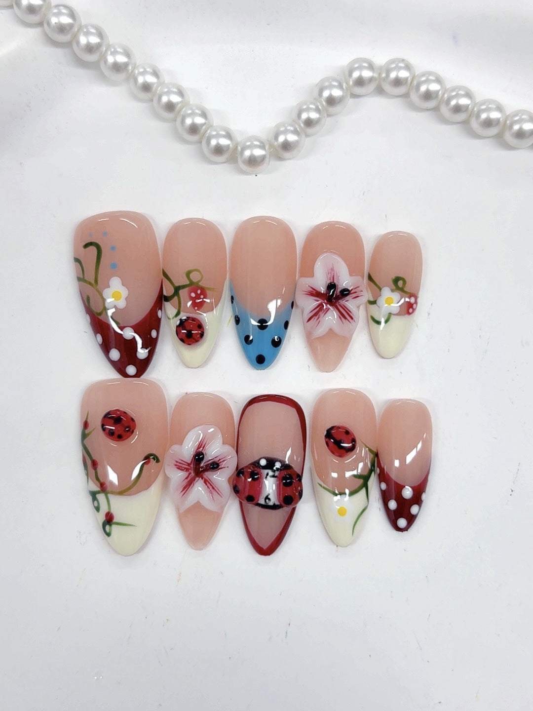 Meadow Whimsy: "Ladybug Garden" – Almond Press-On Nails