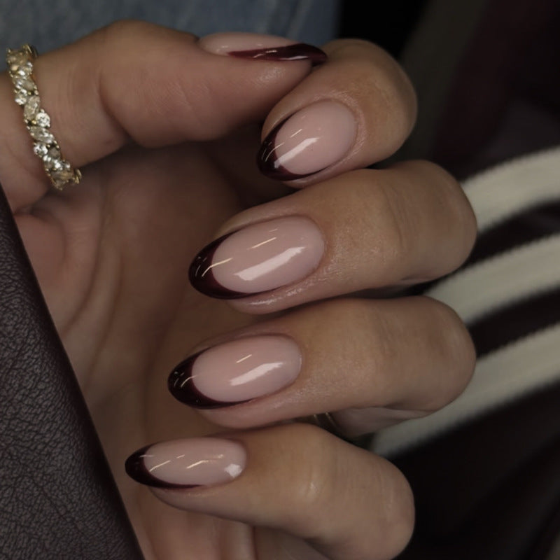 Soft Nude Burgundy French Tips Short Almond Press On Nails
