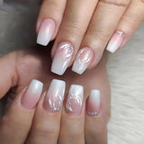 Pieza de arte de uñas rosa y blanco con cambio gradual, uñas postizas cortas con pétalos de diamantes de imitación, parche para uñas postizas, uñas postizas al por mayor | 365nails