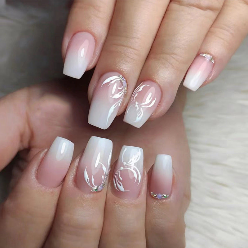 Pieza de arte de uñas rosa y blanco con cambio gradual, uñas postizas cortas con pétalos de diamantes de imitación, parche para uñas postizas, uñas postizas al por mayor | 365nails