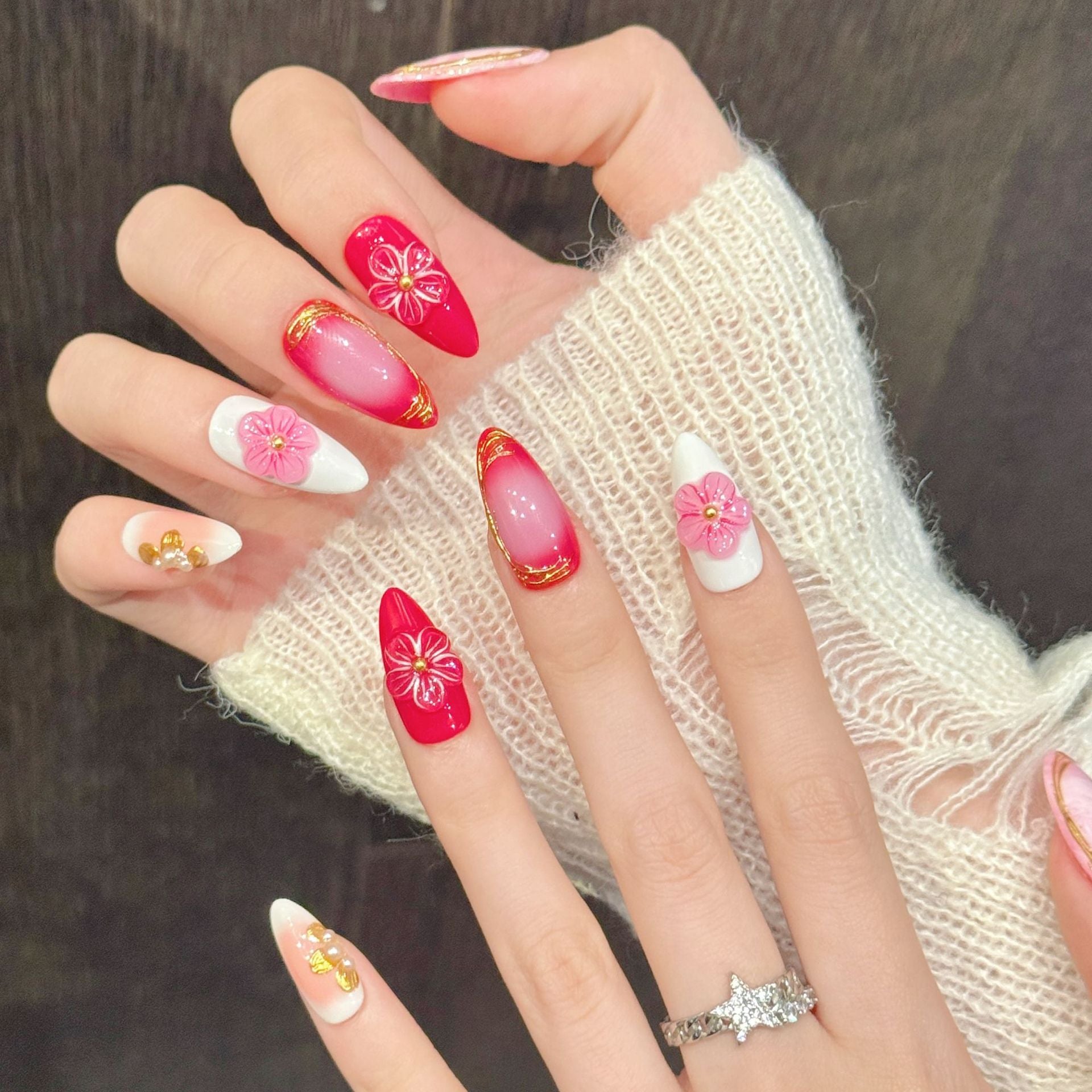 365nails: "Crimson Blossom" – 3D Floral & Gold Leaf Handmade Medium Almond Nails