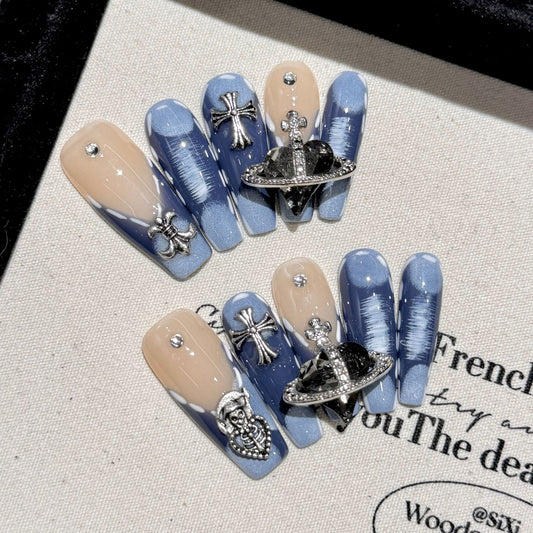 Sweet and cool style, pure handmade nails, personalized chain, cross, nail art temperament, medium and long nail stickers | 365nails