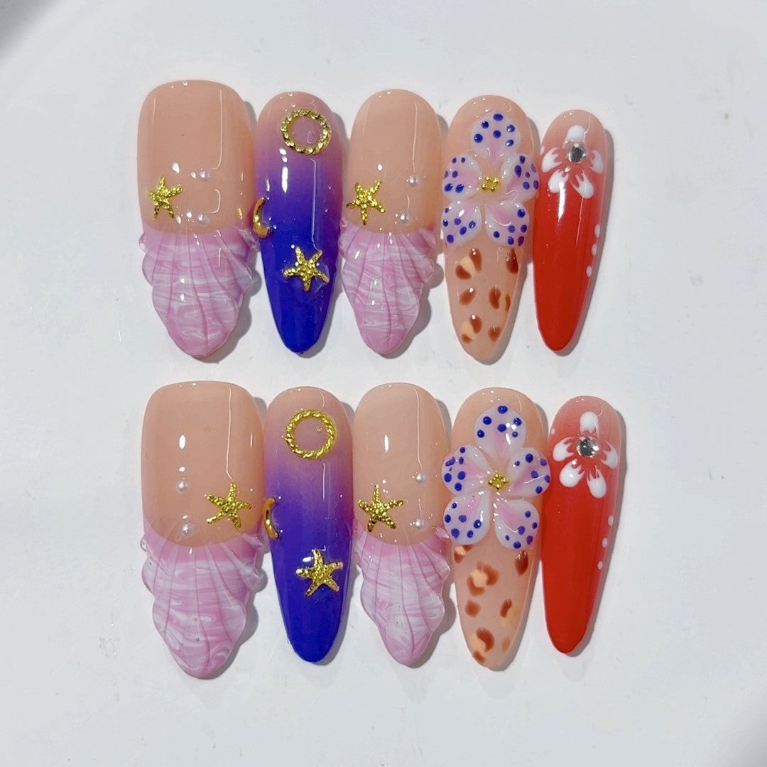 365nails-Fantasia de Sereia: "Concha e Estrela-do-mar" – Unhas Postiças Longas Amendoadas Feitas à Mão