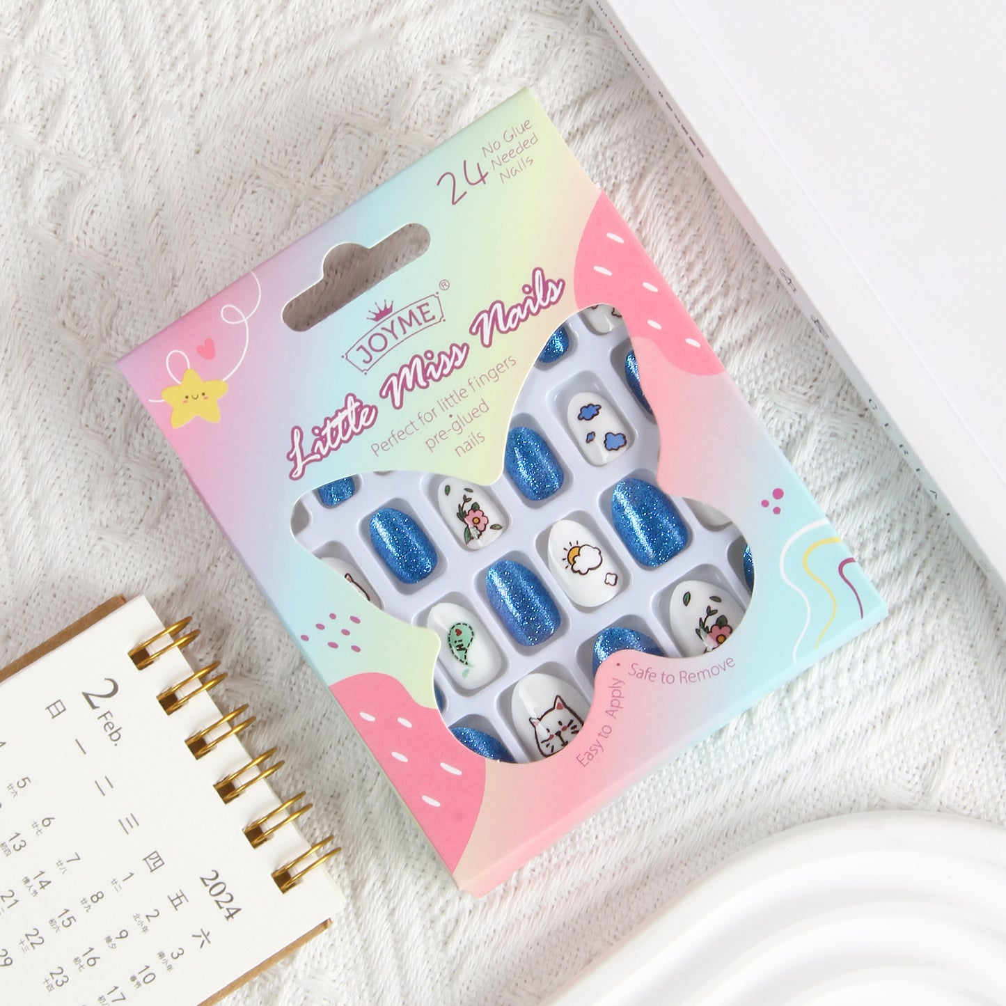 Kids press-on nails Bring your own nail patch, pointed almonds 24 pieces, finished blue kitten cartoon