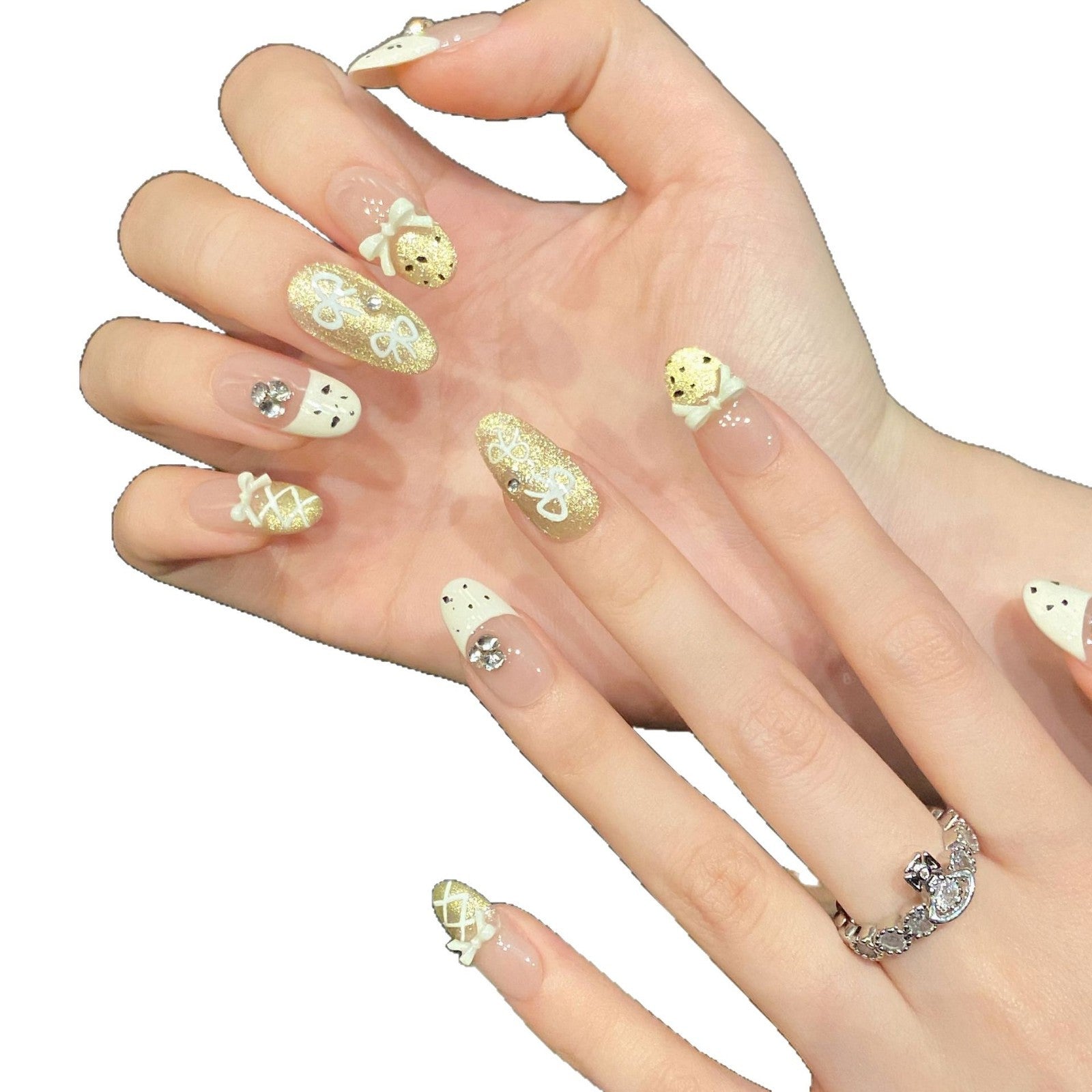 365nails: "Golden Bowknot" – 3D 리본 & 글리터 수제 아몬드형 네일