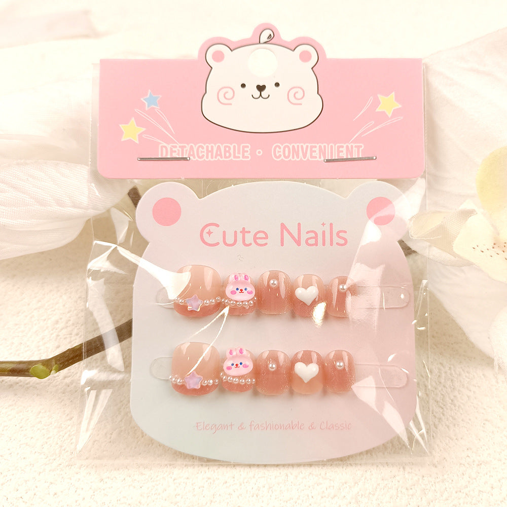 3D pink rabbit cat eye children wearing armor, three-dimensional love pearl nail patch, 10 cute fake nails for girls