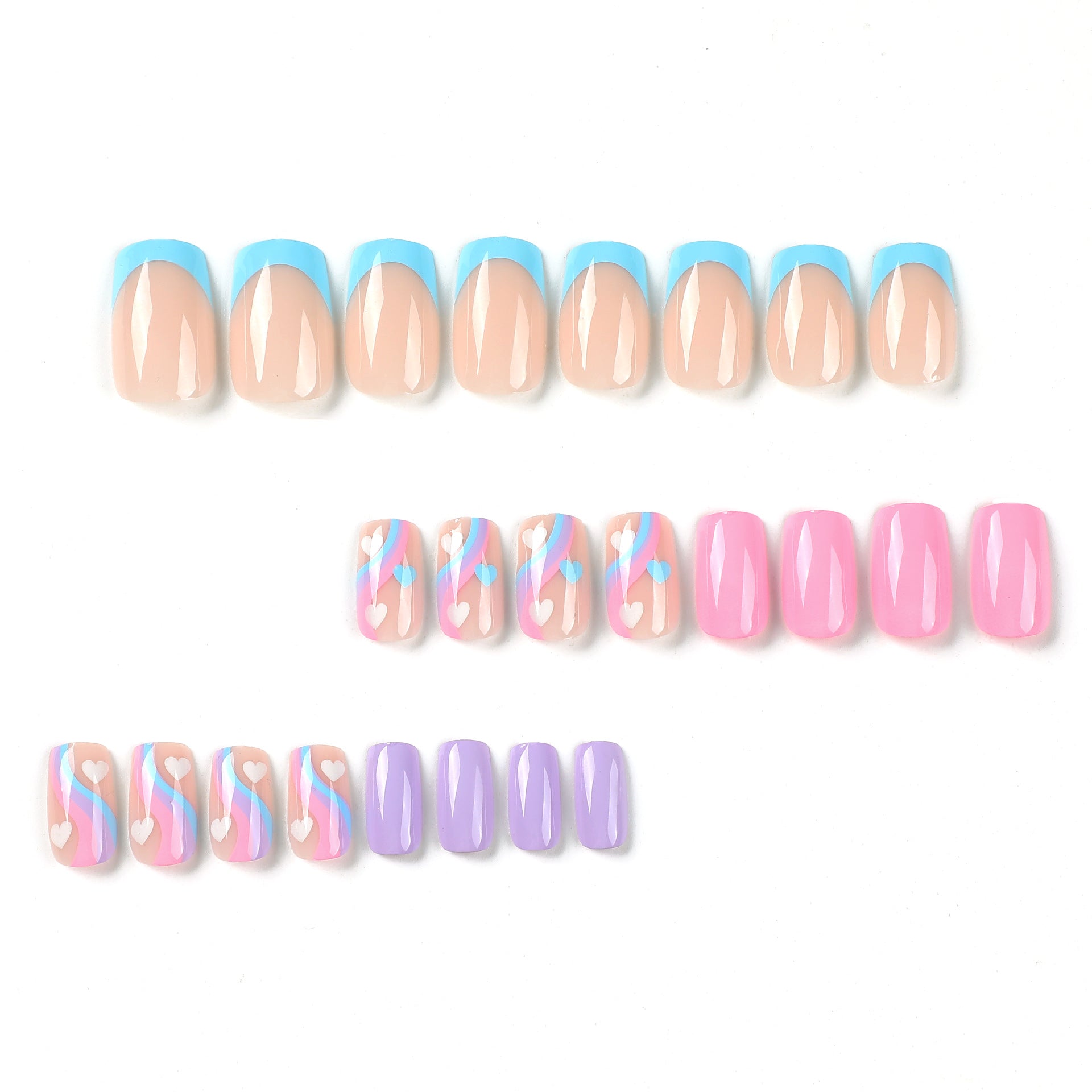 藍紫法式多色波浪愛心穿戴甲片 成品批發｜365nails