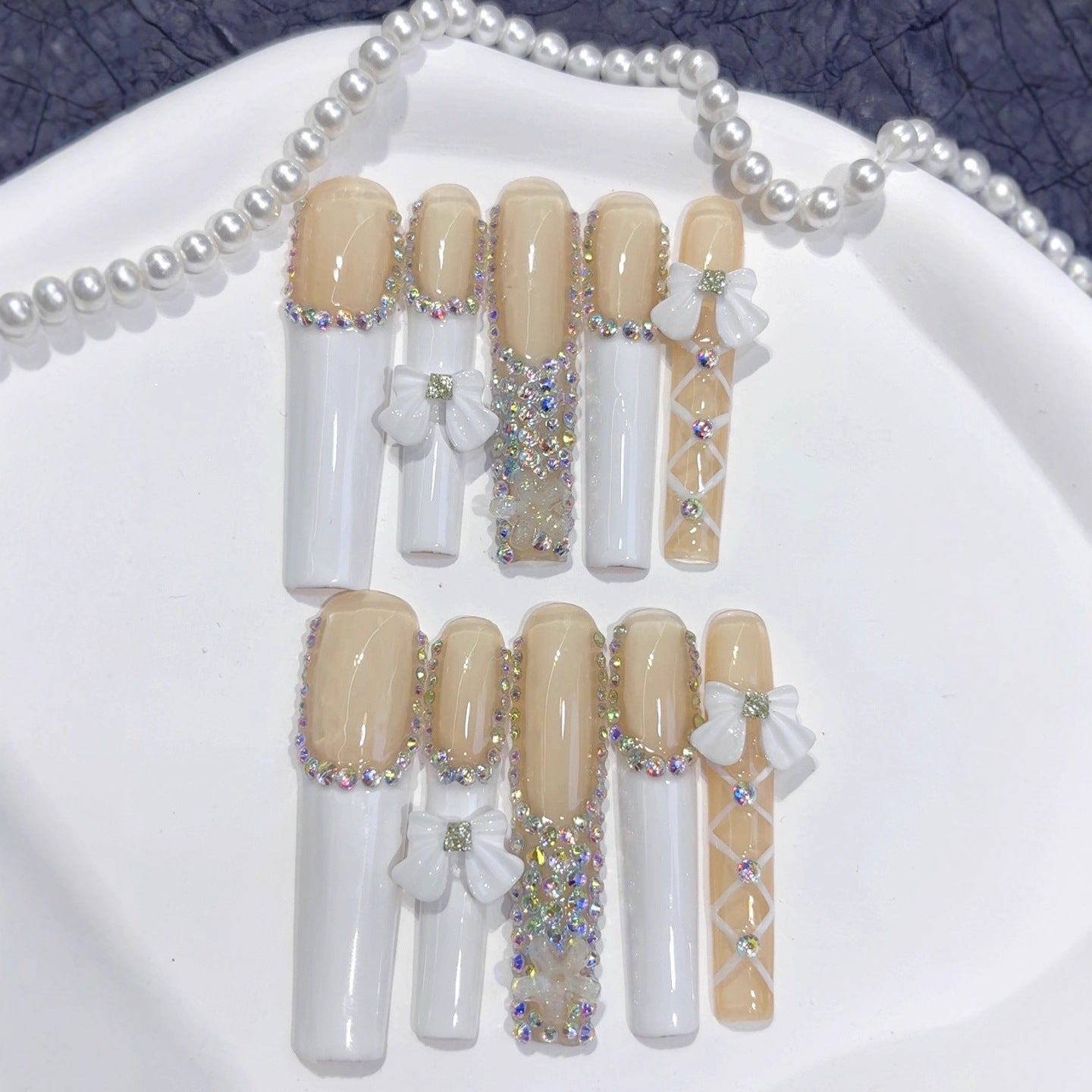 Soft Nude French Bow Crystal Elegance Press On Nails