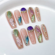 Iridescent Gem Leaf Long Nail Set