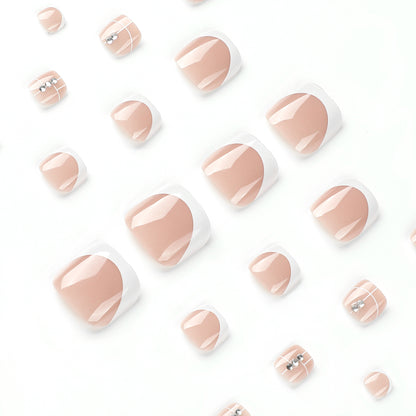 Wear nail short white French rhinestone wear nail and foot nail piece Nail piece Removable wearable nail sticker｜365nails