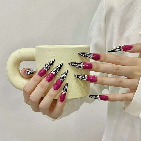 style extra long handmade nails new exaggerated Spice Girl pink liquid silver metal wind removable | 365nails