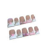Pink French Floral Rhinestone Press On Nails