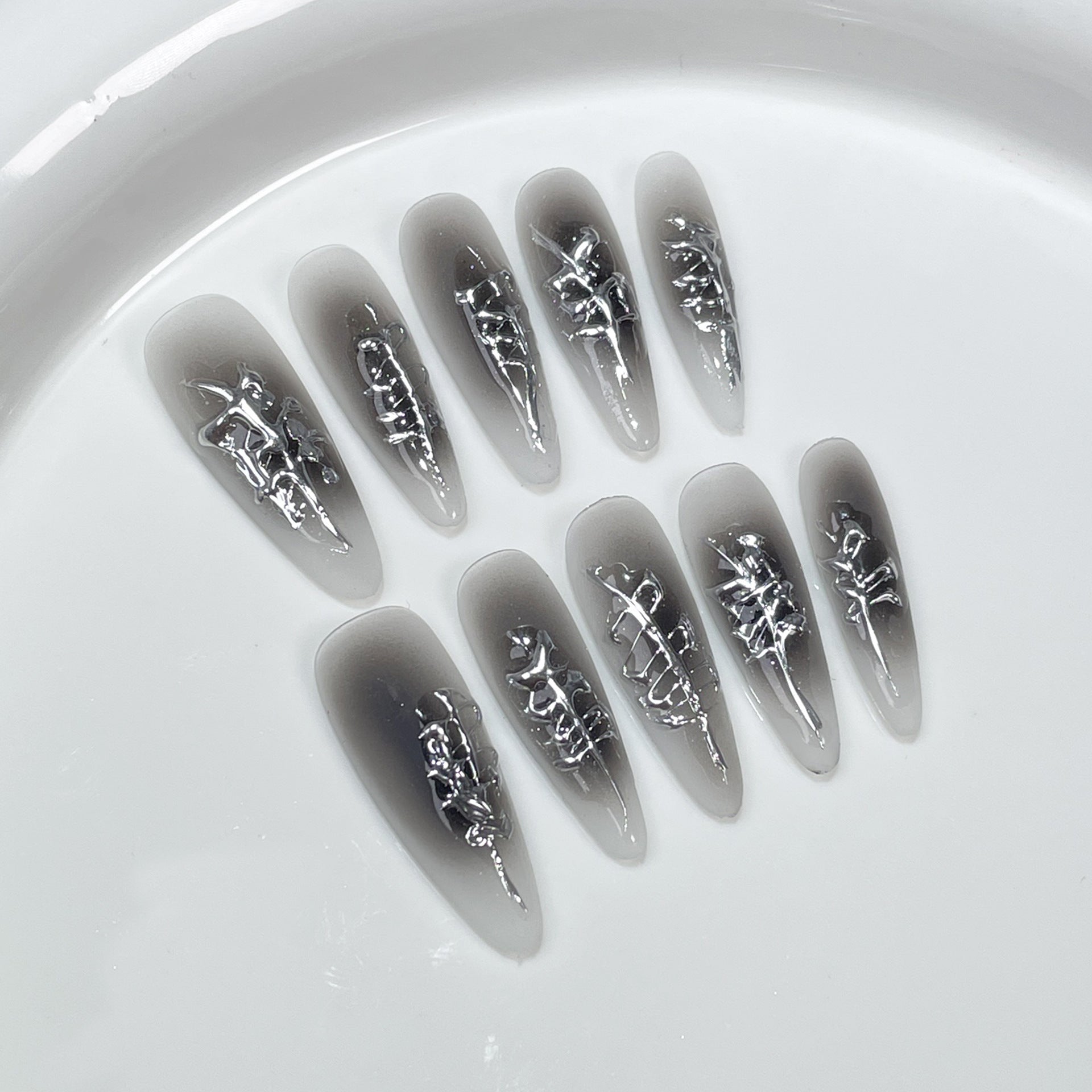 Airbrushed Black Fade Nails with Sculpted Metallic Liquid Accents