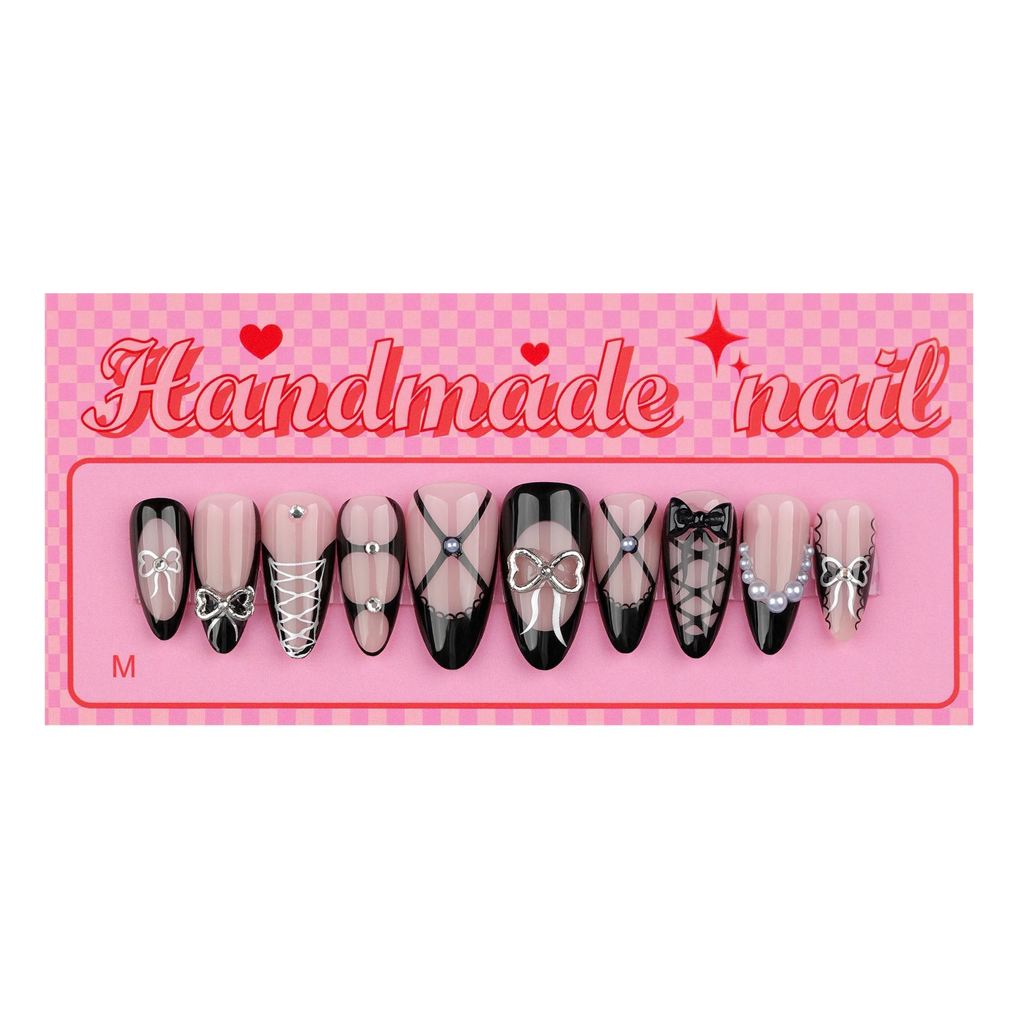 Cool spicy French black wearing nail point diamond three-dimensional bow manicure fake nail short almond  nail piece wholesale｜365nails