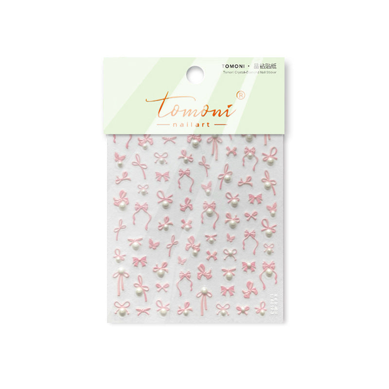 Embossed Bow Nail Stickers – Red & Metallic Pearl Set