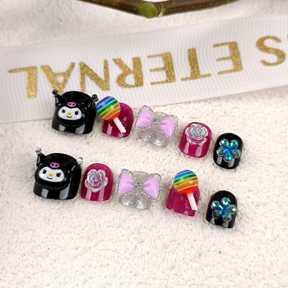 Black three-dimensional Kulomi wears cute nails, children's short nail art 3D lollipop fake nail patch