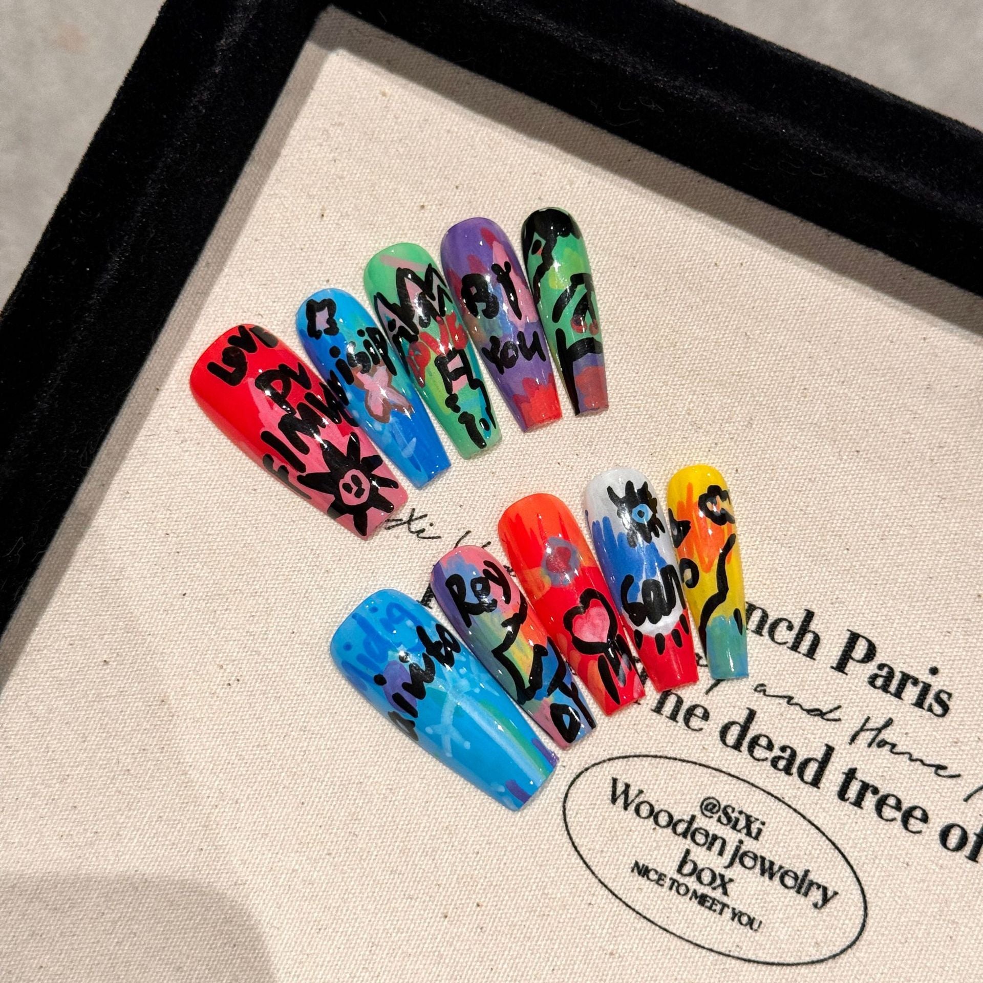 Unhas postiças artesanais com estampa de unhas Spice Girl, ensaio colorido, série de pinturas a óleo Graffiti, unhas postiças removíveis | 365nails