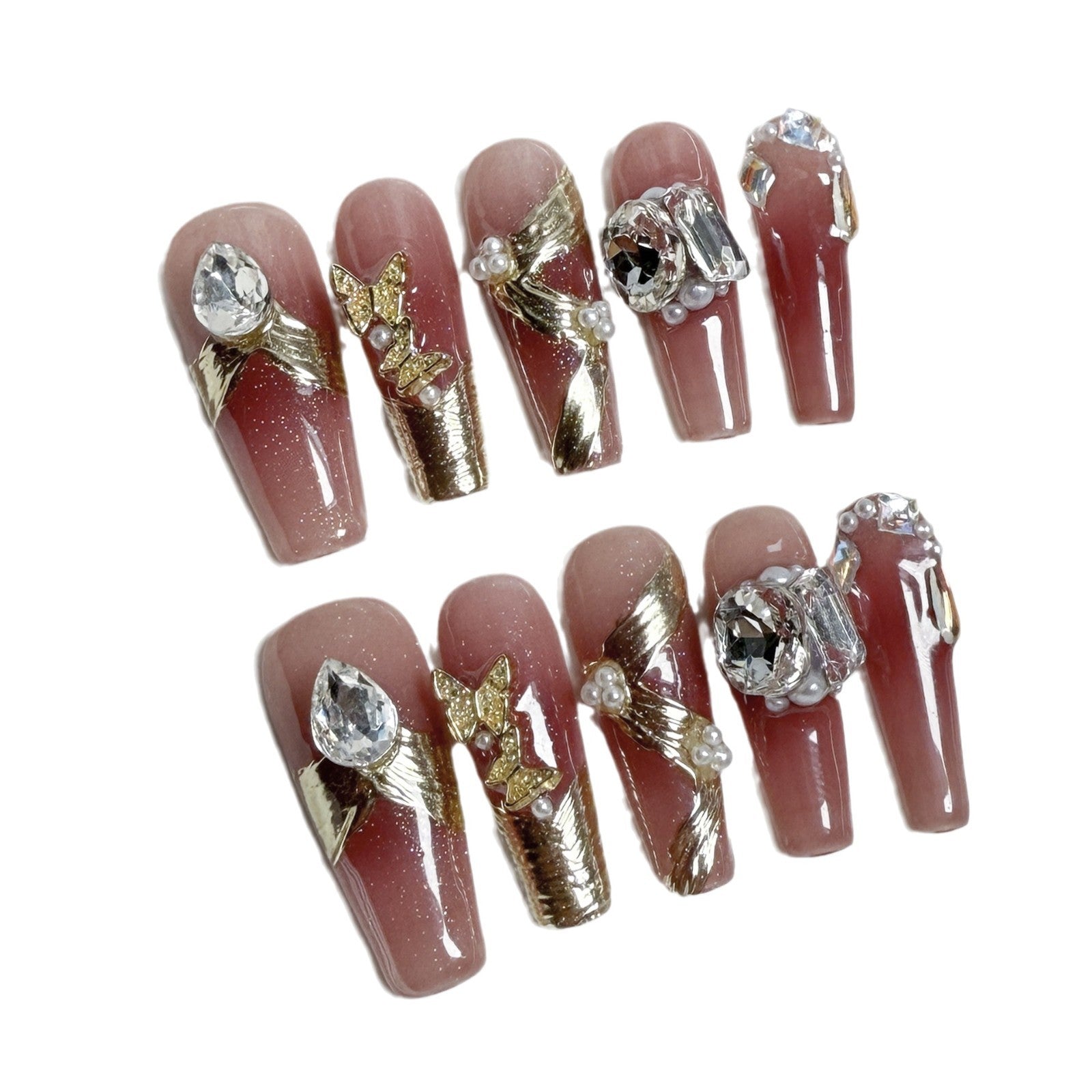 Handmade Press-on Nails New Year Blush Ribbon Nail Art Patch Pile Diamond Ice Through Autumn and Winter Fake Nail Wholesale｜365nails