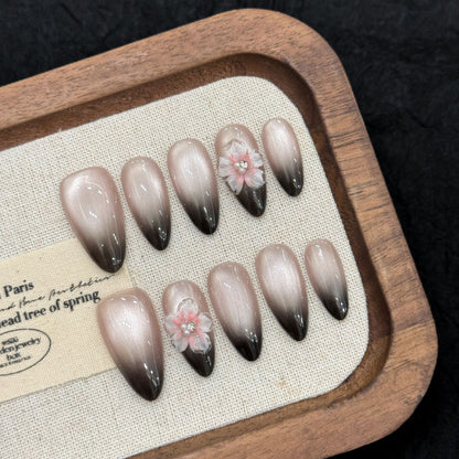 Handmade Ice Carving Three-dimensional Ice Flower Black Gradient French Handmade press on nails | 365nails