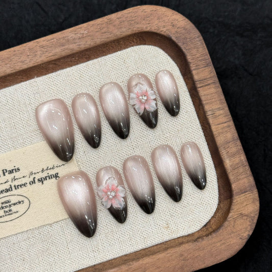Handmade Ice Carving Three-dimensional Ice Flower Black Gradient French Handmade press on nails | 365nails