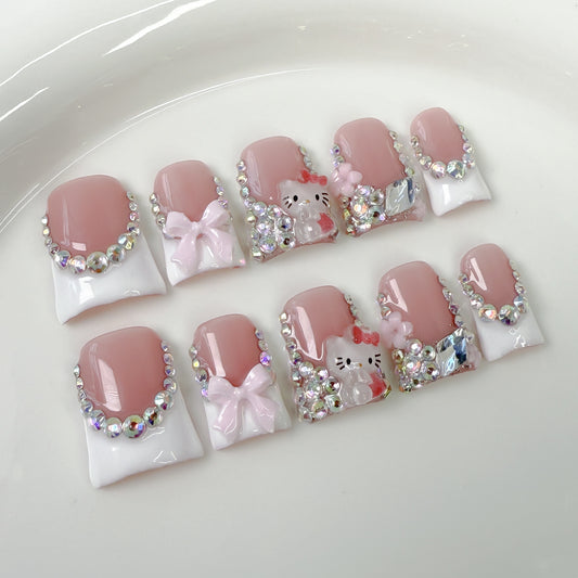 Doce laço fofo KT gato bico de pato unha gelo através de flash francês unhas postiças feitas à mão ｜ 365nails