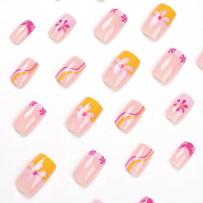 press on nails pads wholesale powder yellow edge French flower wave nails patch wholesale nails pads finished product wholesale｜365nails