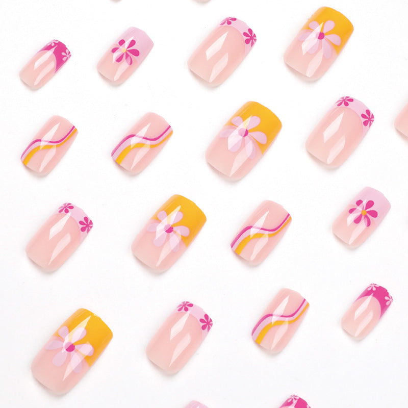 粉黃邊法式花朵波浪成品甲片 批發｜365nails