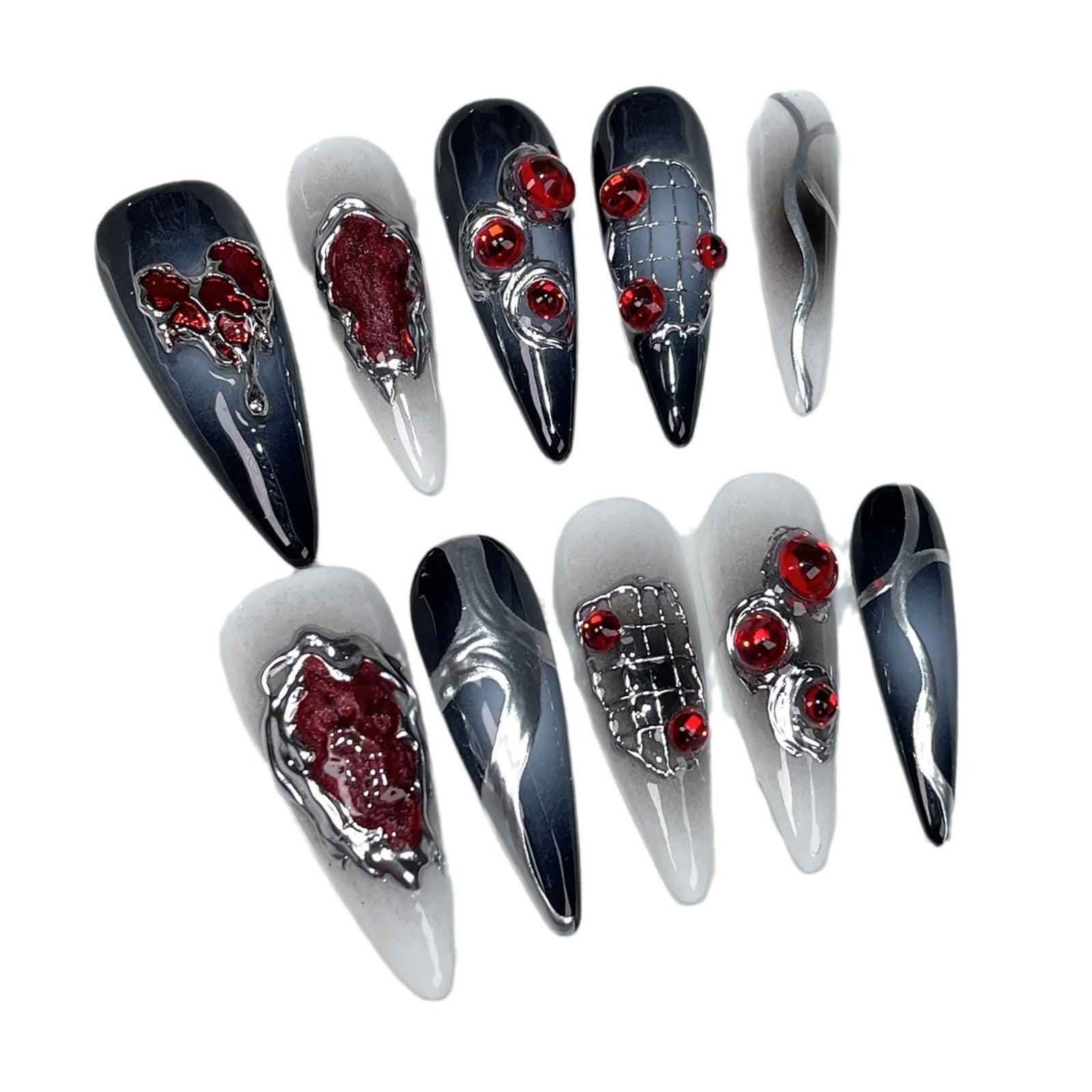 Gothic Silver Chains and Black Smoky Press On Nails