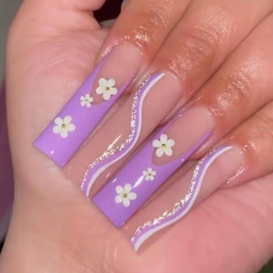 Nail art piece Purple long ballet  wholesale finished product Small flower line Gold powder nail patch ｜365nails