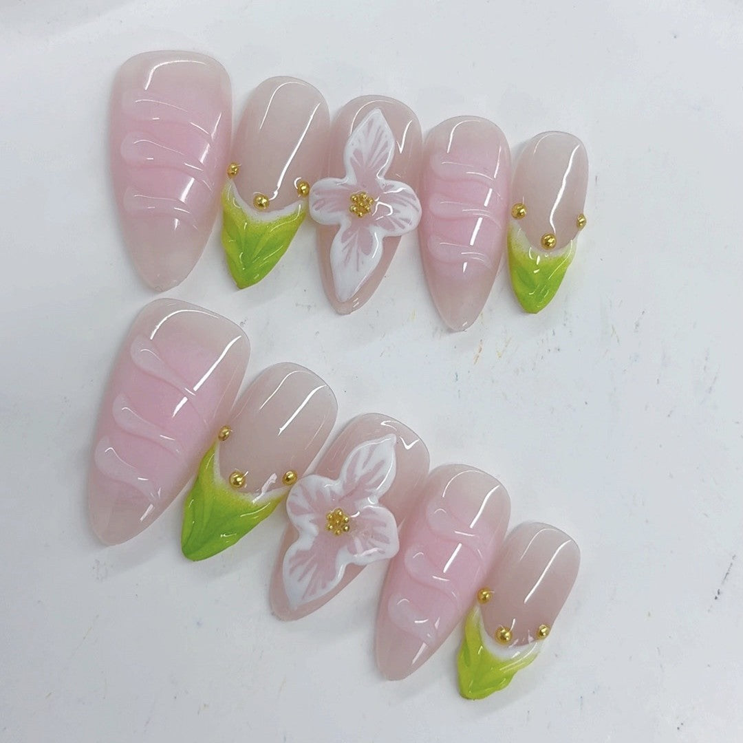 365nails - 百合優雅：粉色百合葉 — 杏仁形 手工製 立體雕刻 穿戴甲