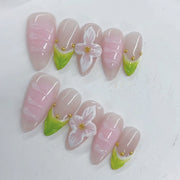 365nails - 百合優雅：粉色百合葉 — 杏仁形 手工製 立體雕刻 穿戴甲