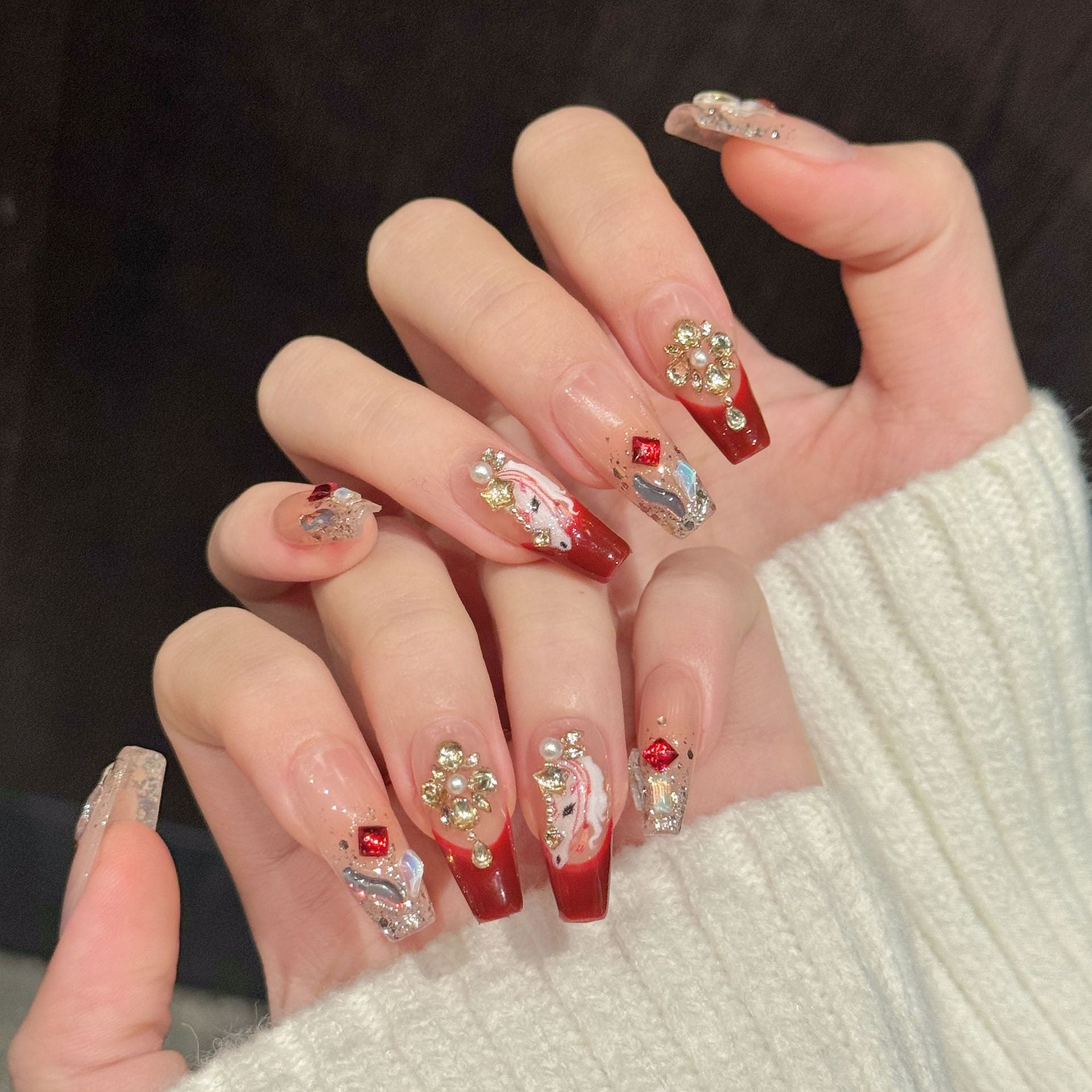 Lunar New Year Collection: "Crimson Fortune" – Long Stiletto/Long Oval Press-On Nails