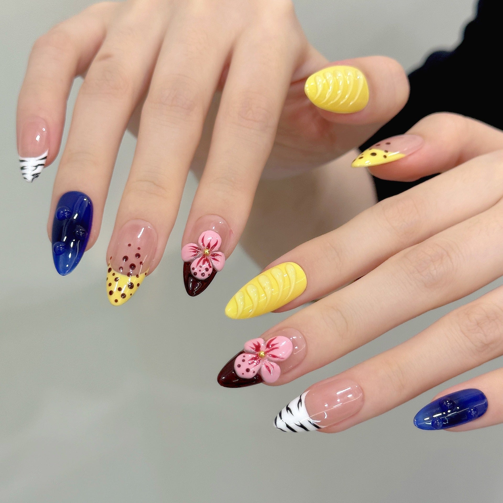 Color Mix Press‑On Nail Set with 3D Flower Design