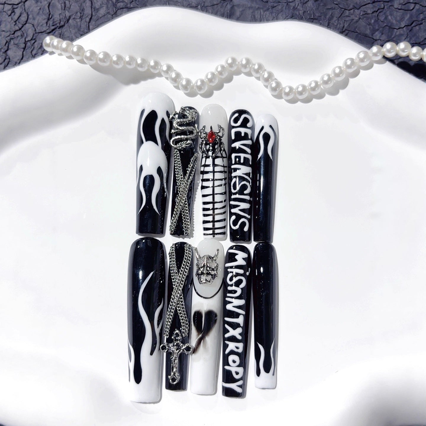 Black White Gothic Cross Flame Statement Press On Nails