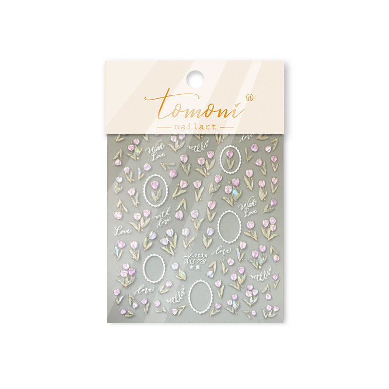 Pastel Tulip & Love Phrase: "Romantic Tulip Garden" – 5D Embossed Nail Sticker