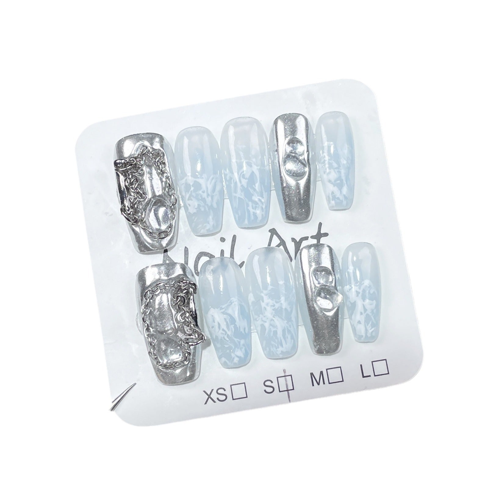 Minimal Frosted White Nails with Mirror Chrome and Chain Details