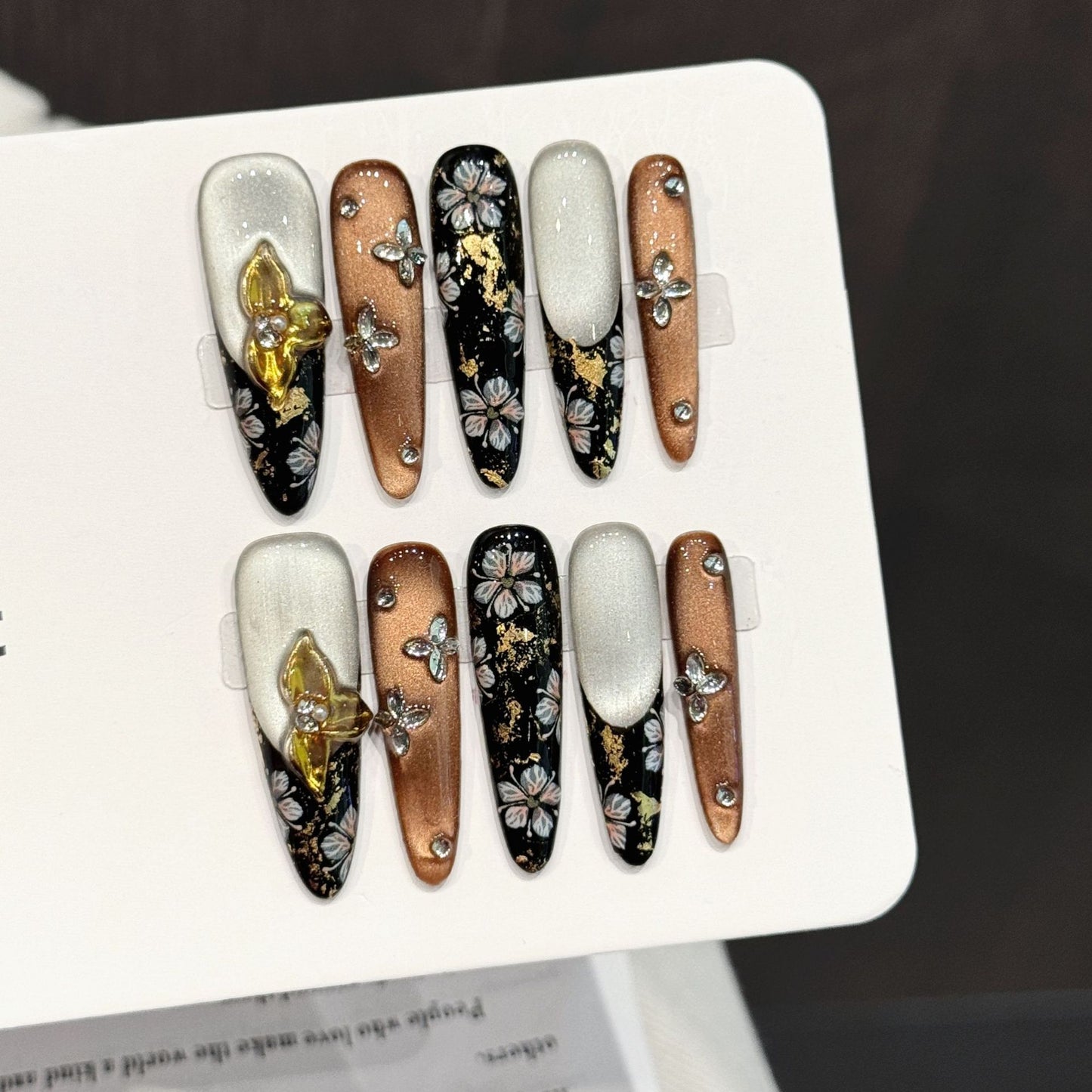 Gold Black Floral Metallic Butterfly Luxury Press On Nails