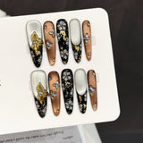 Gold Black Floral Metallic Butterfly Luxury Press On Nails