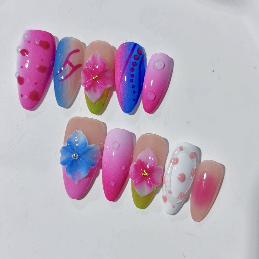 365nails-Jelly Bloom: "Degradê Floral 3D" – Unhas Postiças Longas Amendoadas Feitas à Mão