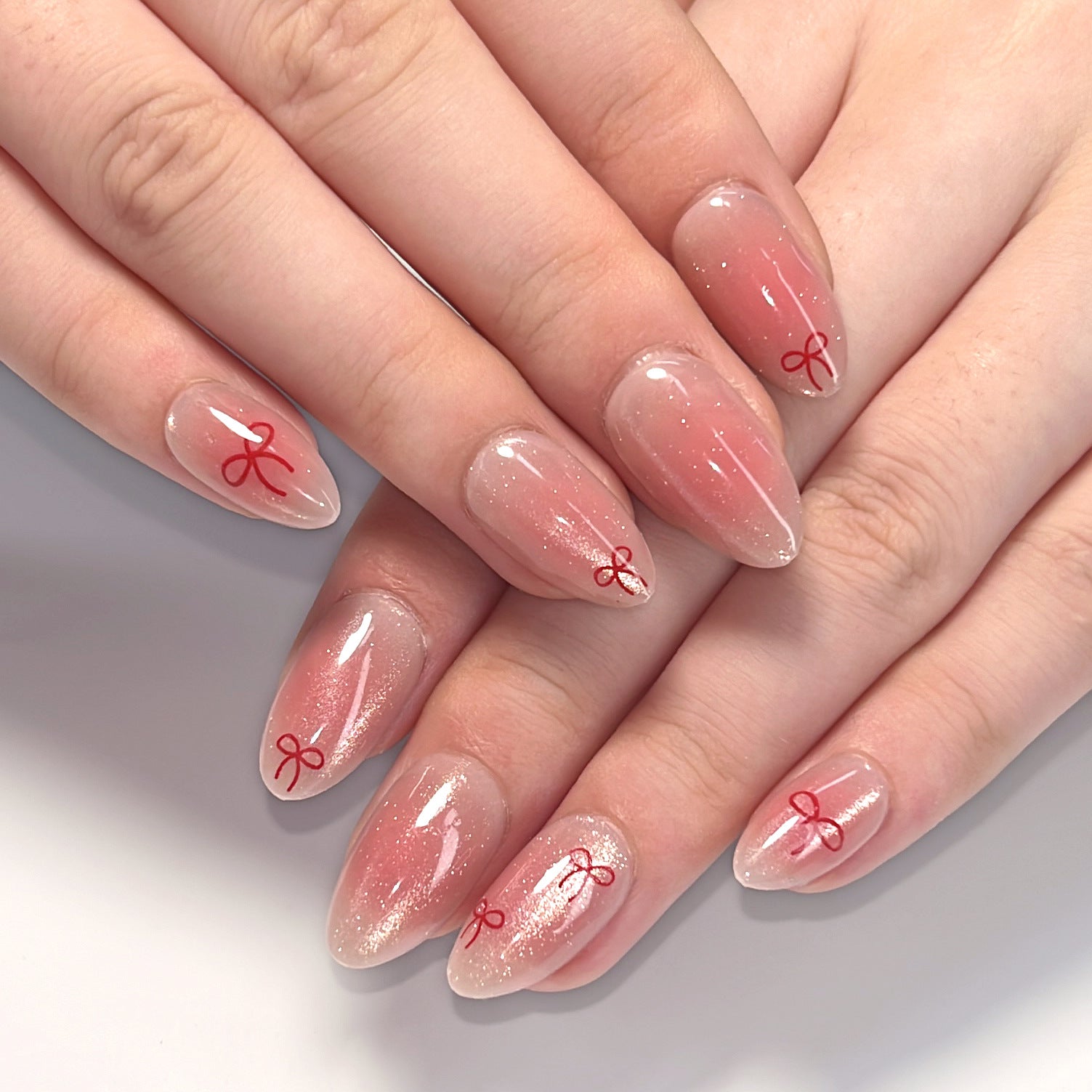 "Glitter Pink & Red Bow" - Precision Crafted Press-On Nails