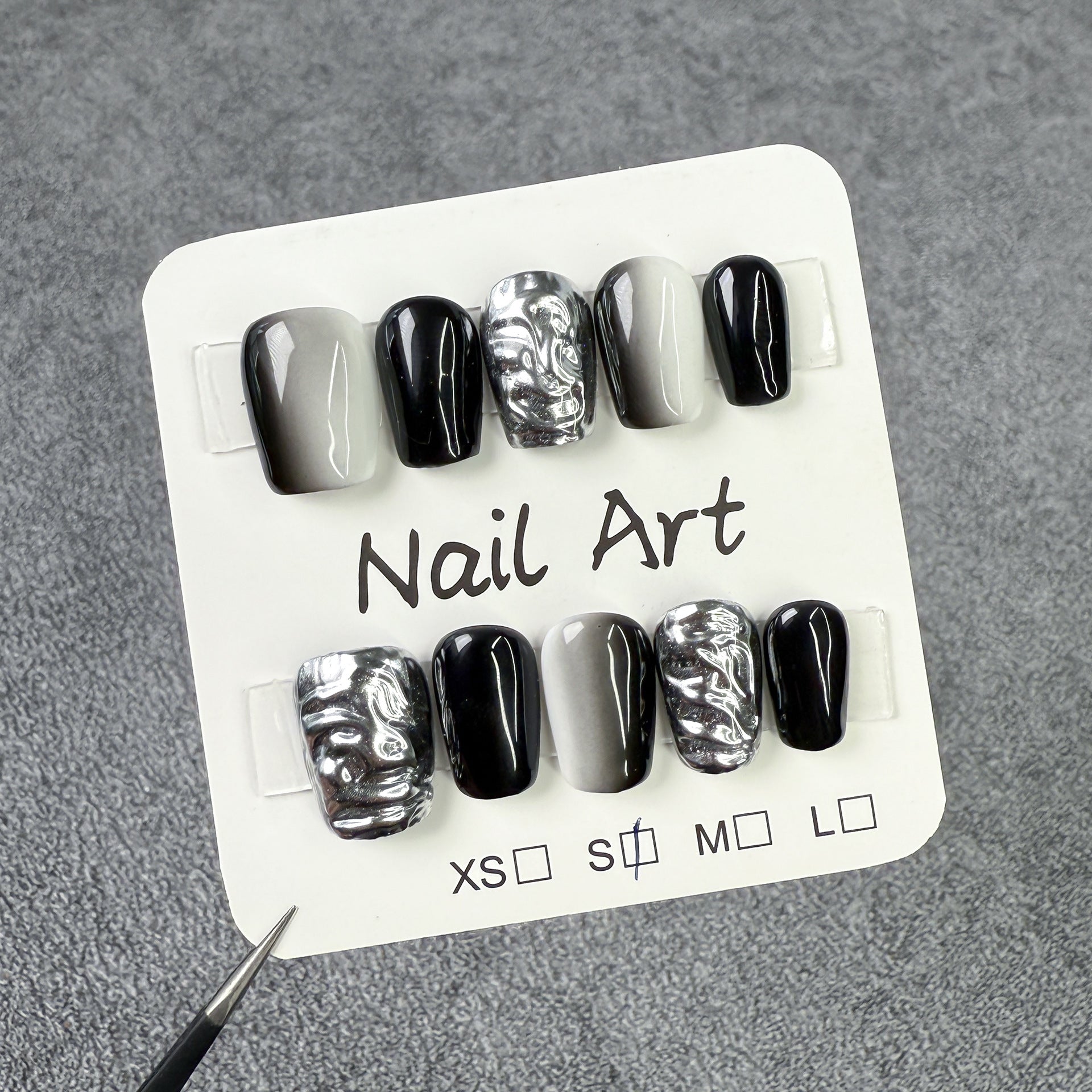Black & Silver Gradient Nails with Sculpted Metallic Accents