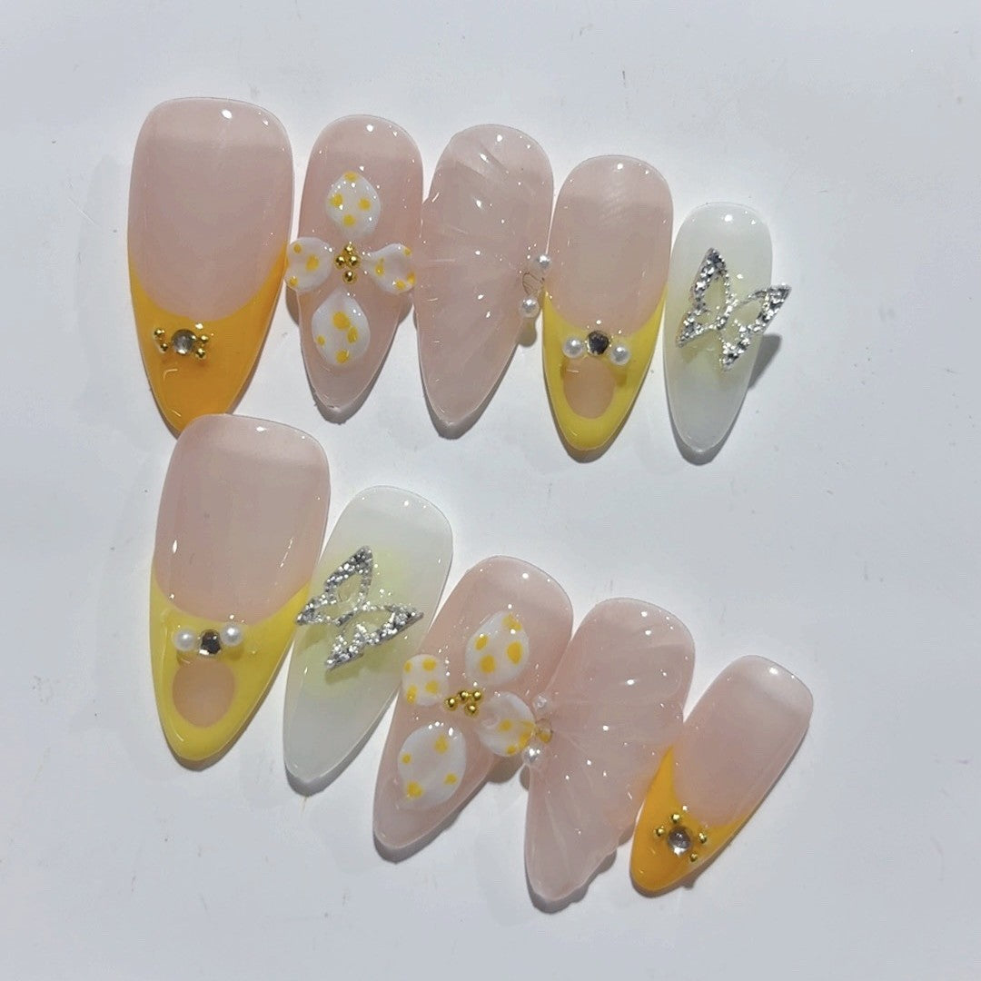 365nails-Lemon Butterfly: "Fresh Floral" – Almond Shape Handmade 3D Carved Press-On Nails
