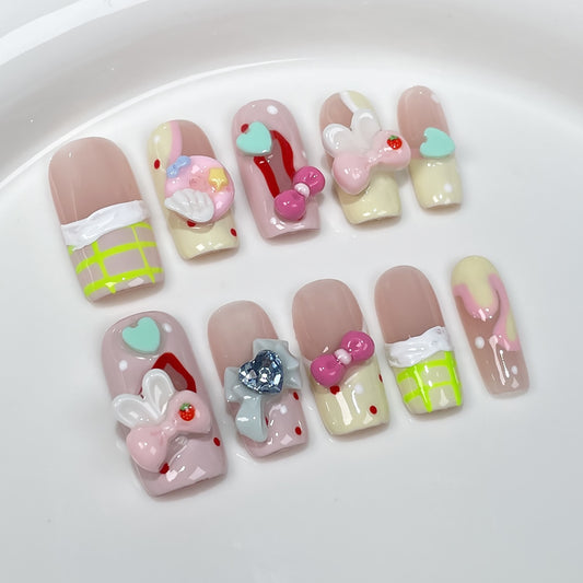 Sweet and cute handmade press-on nails medium and long square pure desire ice through hand-painted nail patch wearable fake nail wholesale｜365nails