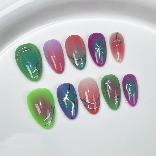 Handmade press-on nails fluorescent contrasting  Spice Girl  short nail art finished patch Wearable nail sticker｜365nails